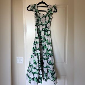 Hill House Nap Dress - Smocked Floral Maxi Dress in Green and White